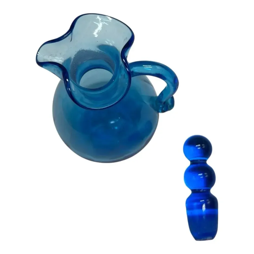 VTG RAINBOW Art Glass Bright Blue Pitcher Vase Decanter Oil Cruet Stopper 5in‎
